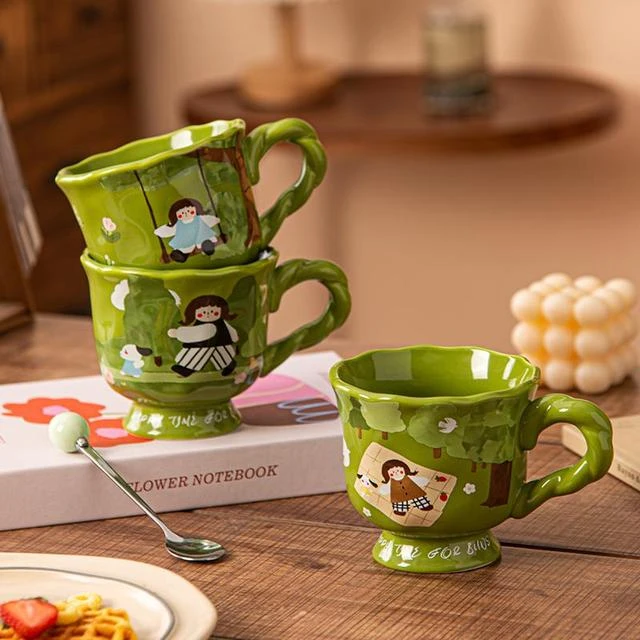 小清新陶瓷水杯文艺范高脚马克杯带勺新款咖啡杯高颜值女生早餐杯