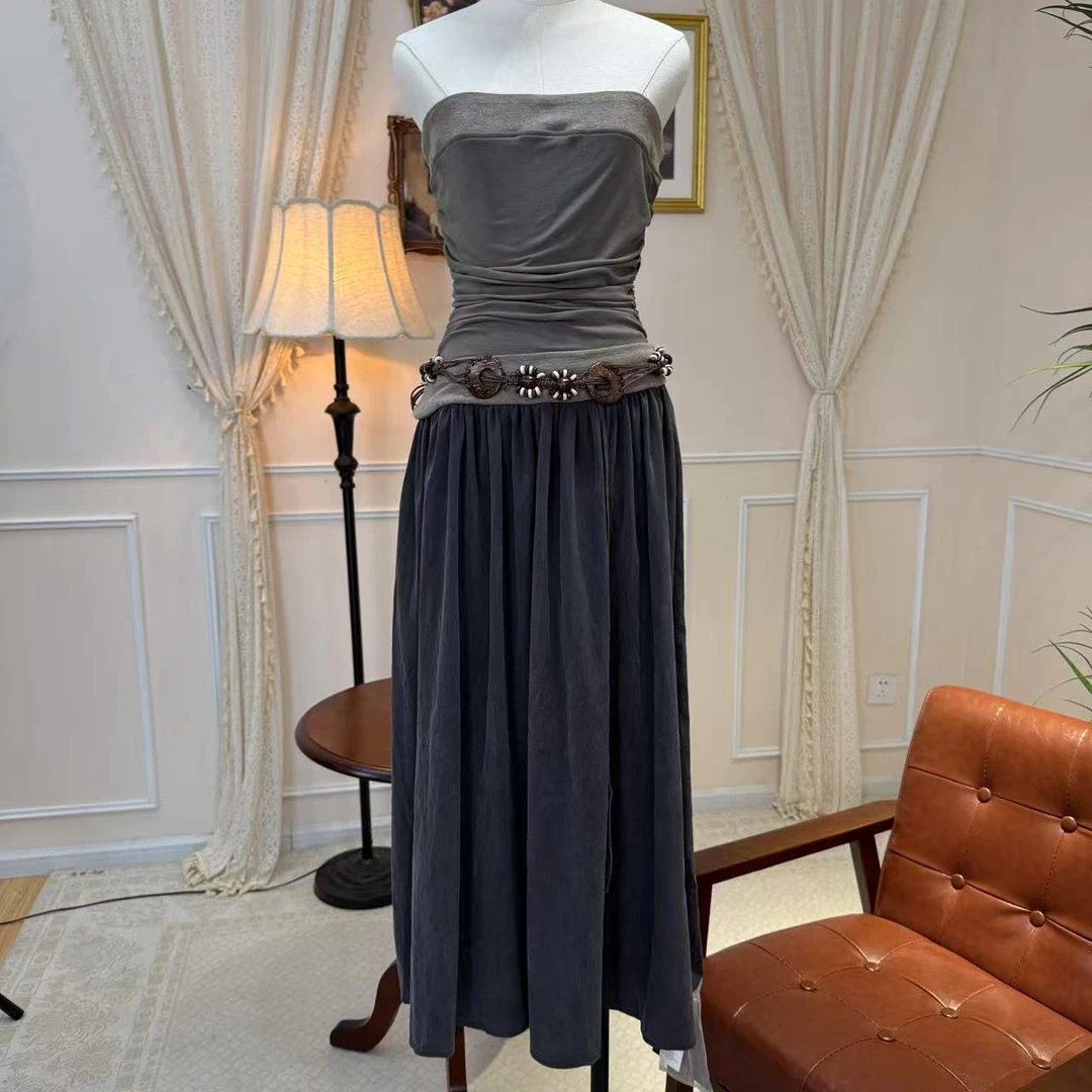 西町村屋清冷撞色拼接抹胸连衣裙（含腰带）XAAC10550