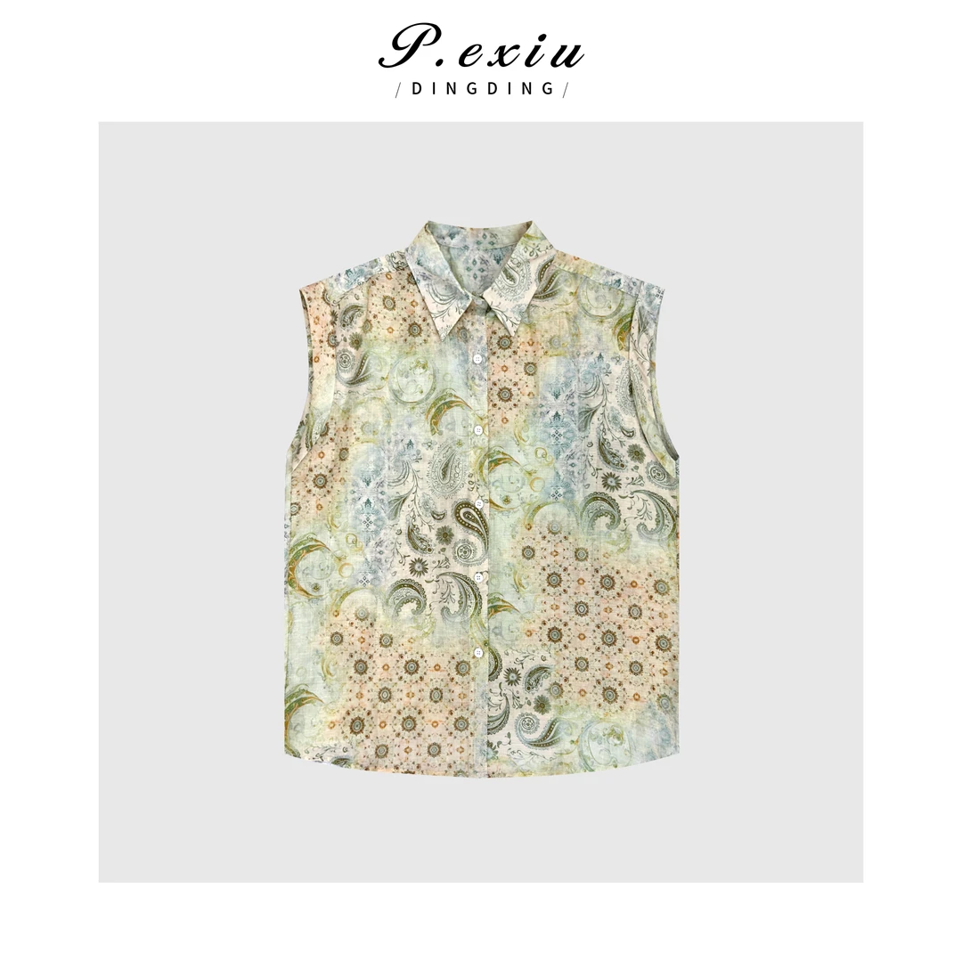 时髦复古印花翻领无袖衬衫Q6482