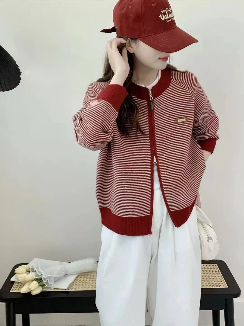 菩朵 双拉链圆领条纹开衫