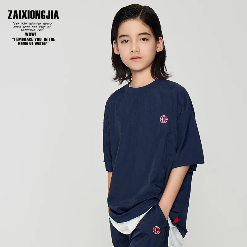 ZAIXONGJIA藏青薄透气短袖短裤套装卫衣上衣打底衫松紧腰童装