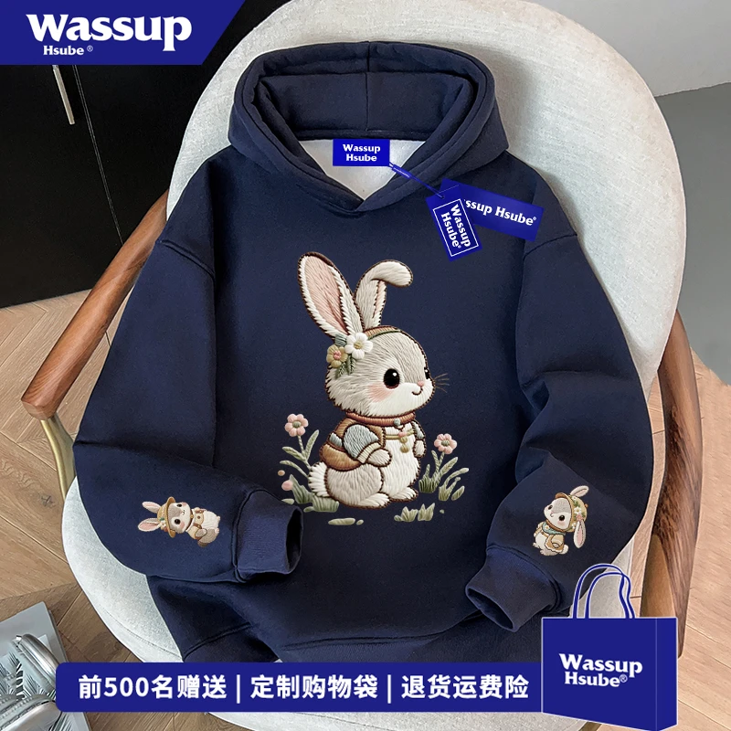 WASSUP HSUBE卡通兔子印花连帽卫衣男女秋冬潮流无口袋藏青色上衣