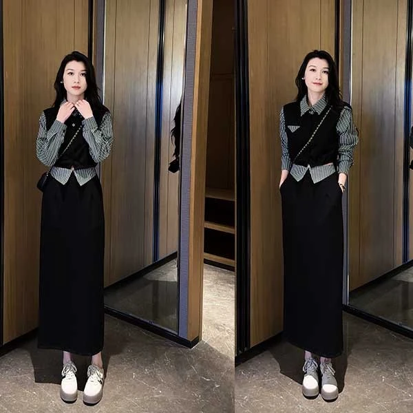 韩版时尚洋气休闲百搭两件套女2024秋季新款假两件上衣显瘦裙子潮