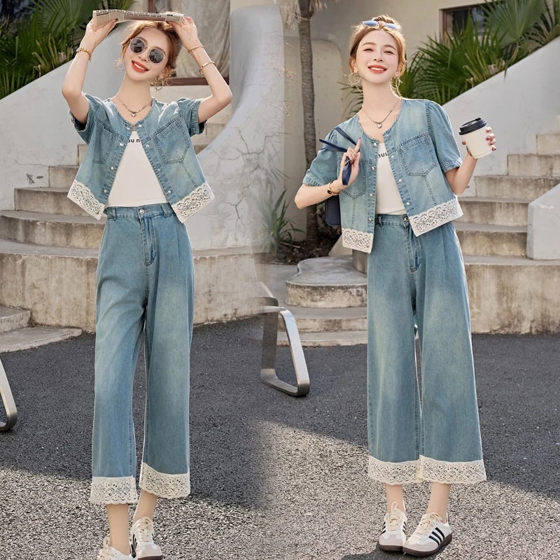 蕾丝套装显瘦气质小个子牛仔洋气时尚休闲夏季短袖减龄短款上衣