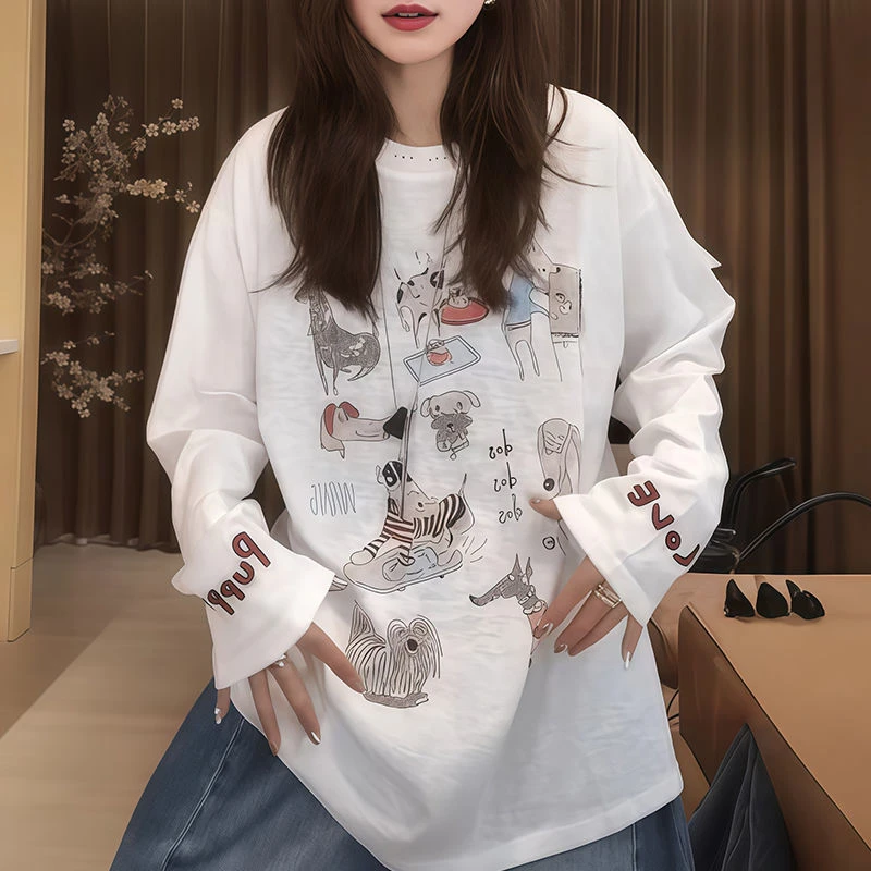 萌趣风卡通小狗长袖T恤女夏季薄款防晒衣圆领宽松型胖mm显瘦上衣
