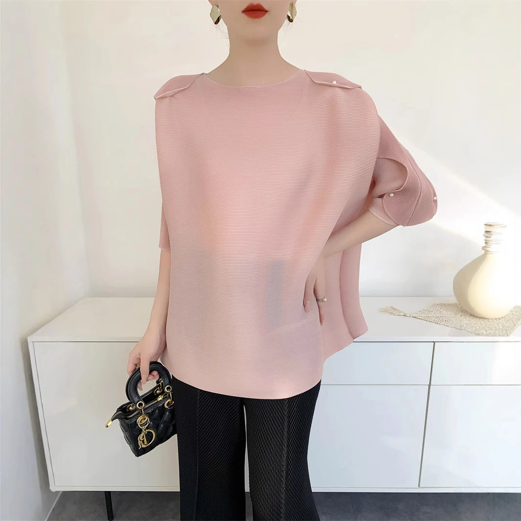 2025春夏褶皱上衣女舒适休闲宽松T恤圆领短袖打珠子小众外贸