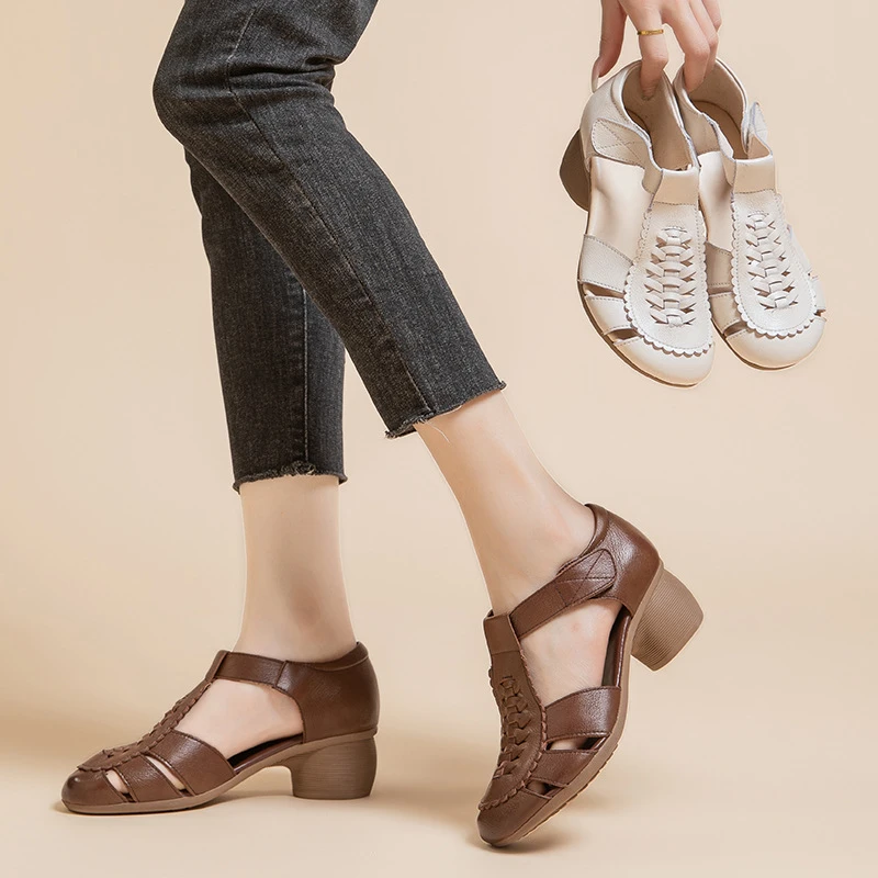 包头凉鞋女真皮妈妈鞋夏季粗高跟牛筋软底中老年休闲罗马女士凉鞋