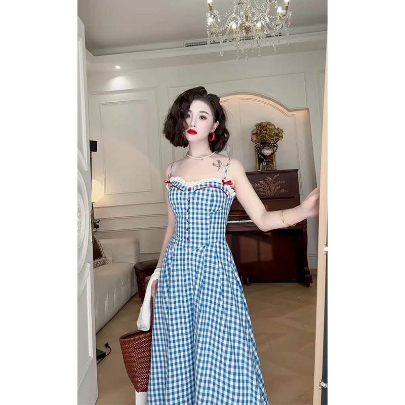『春风铃兰』法式复古设计师原创气质蓝格小个子连衣裙038