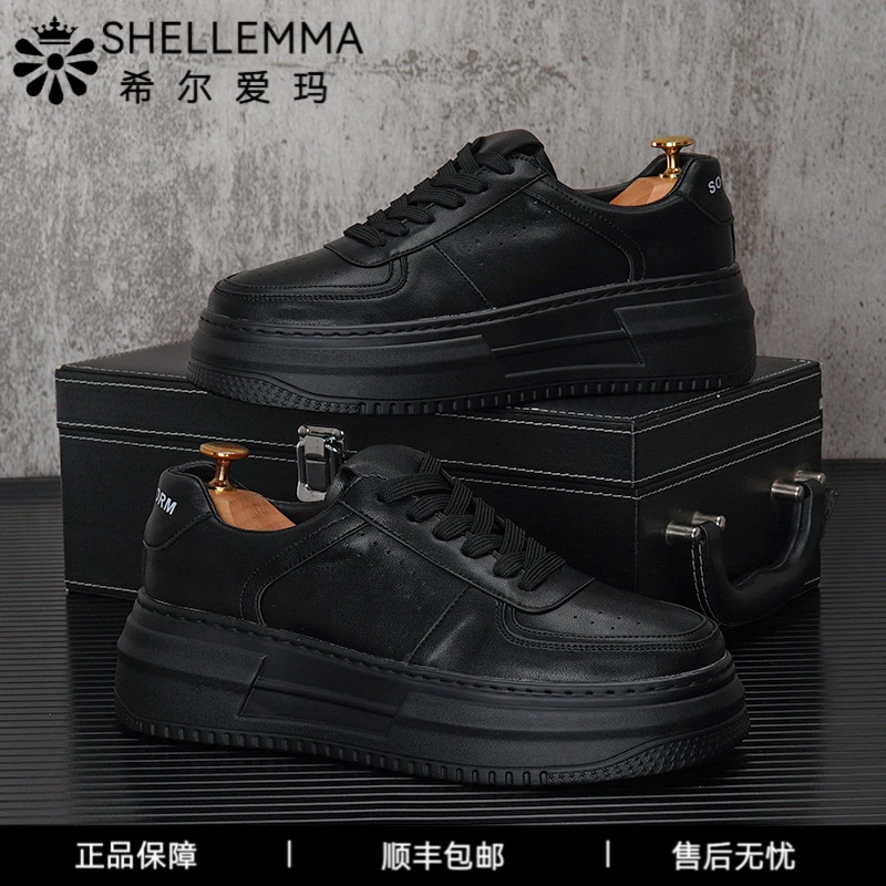 希尔爱玛男鞋春夏新款潮牌黑色板鞋男士厚底松糕鞋子内增高休闲小