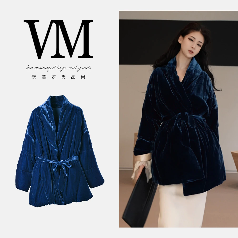 【冬日蓝海】真丝丝绒鹅绒服冬季保暖系带收腰QWYLX15238约73cm770g