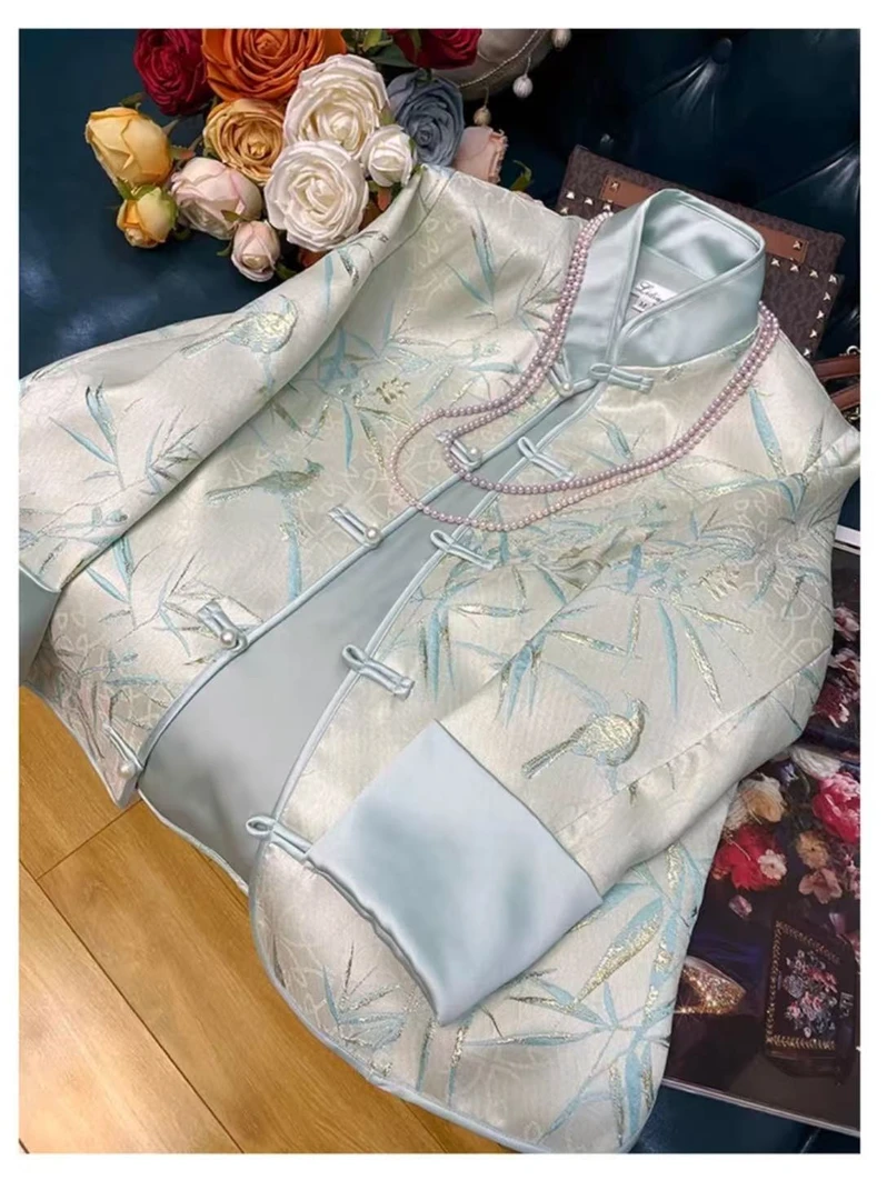 新中式立领提花汉服竹叶改良千金民国风唐装外套2025A8822-婷婷