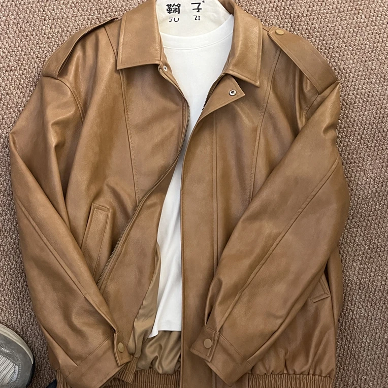 【鞠子Juzi】10618#秋季新款法式复古翻领双口袋小众皮衣外套长约65