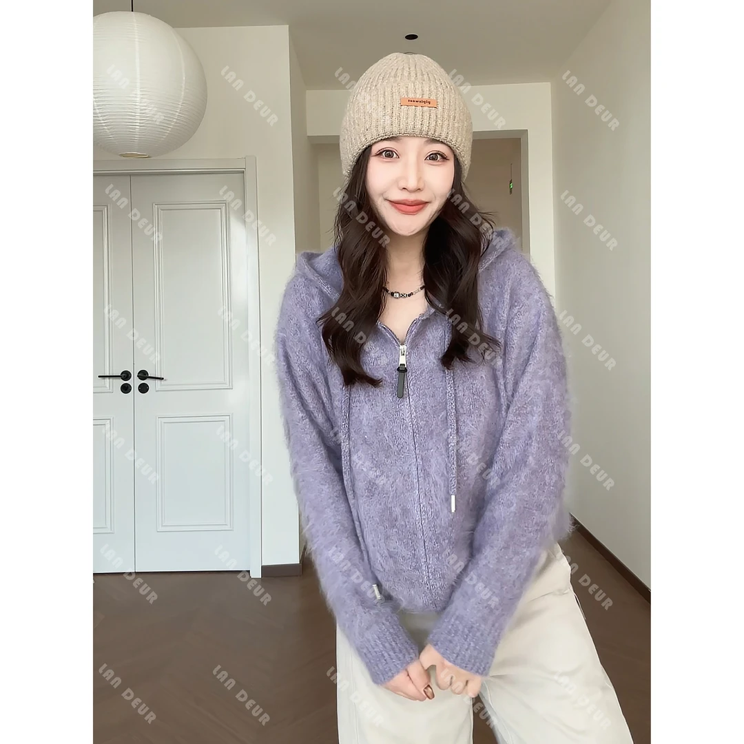 【糖炒酒心】羊毛羊绒桑蚕丝长毛拉毛轻奢系列气质连帽针织开衫女