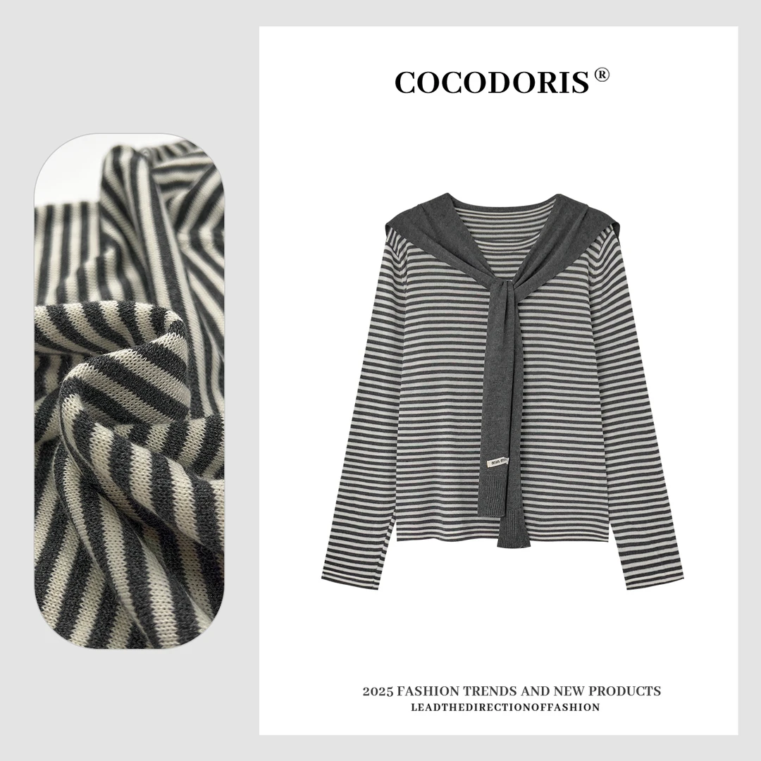 TZ 2025新款韩版带披肩条纹针织衫秋季通勤百搭休闲上衣06T25