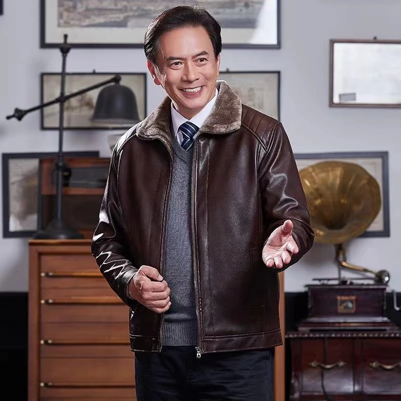 中老年爸爸款皮毛一体加绒加厚保暖皮衣外套LL