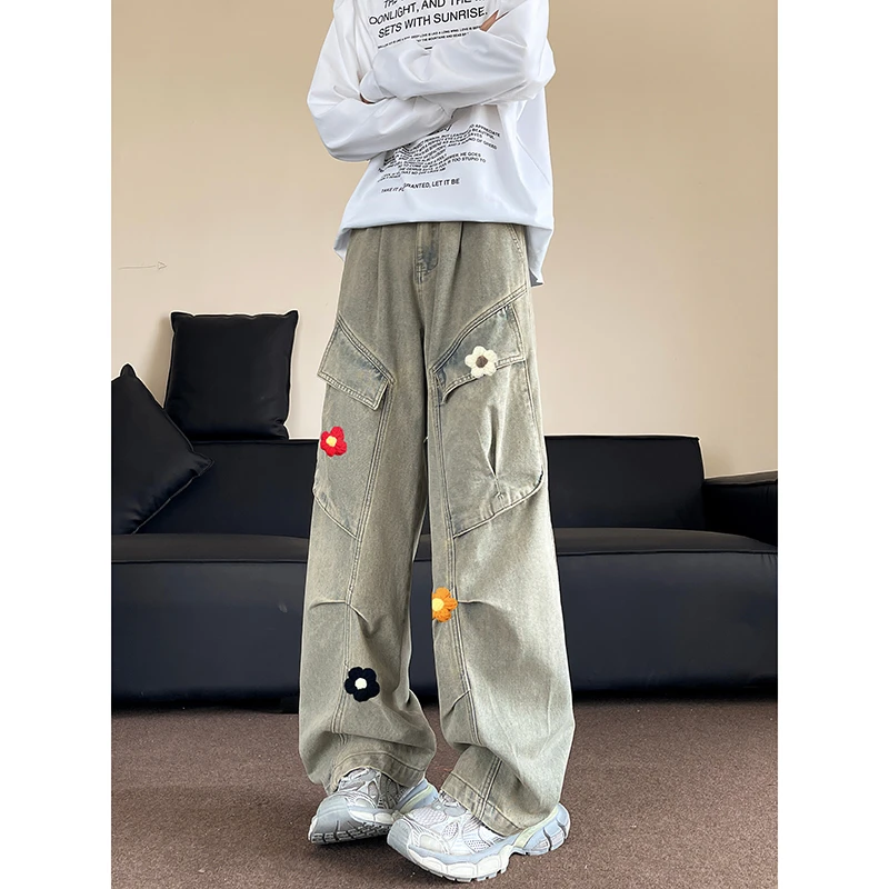 MTVO夏季新款立体花牛仔裤美式高街潮流高级感男装牛仔裤阔腿