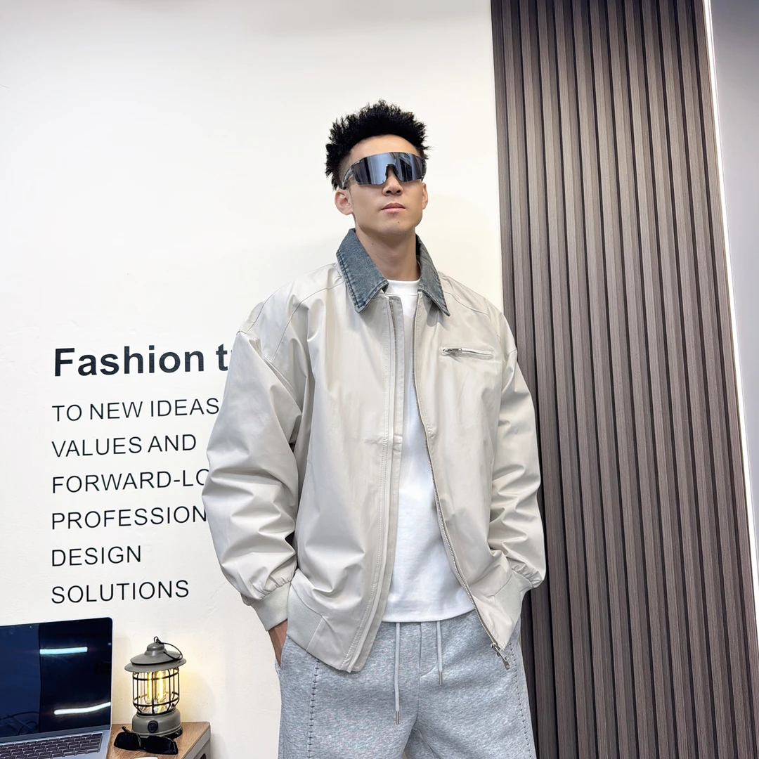 2025秋冬新款翻领夹克男士宽松可拆卸领上衣潮流痞帅假二件外套