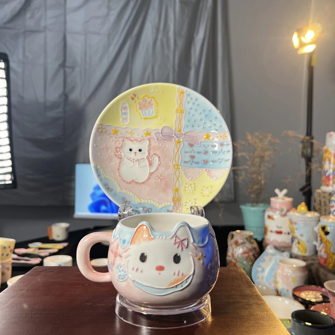 手工卡通小猫杯带碟子M04