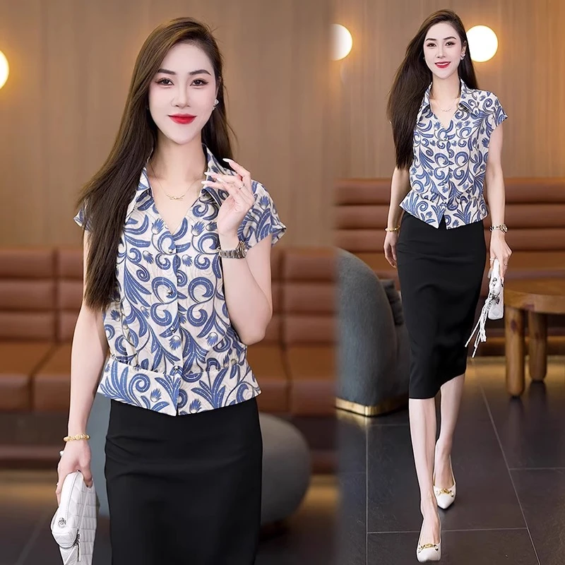 网红爆款短袖衬衫女2025夏季新款时尚百搭印花上衣服气质显瘦小衫