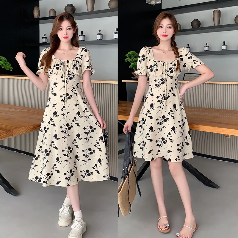 2025方领蝴蝶结印花修身闺蜜款长短款连衣裙16845长款+16609短款