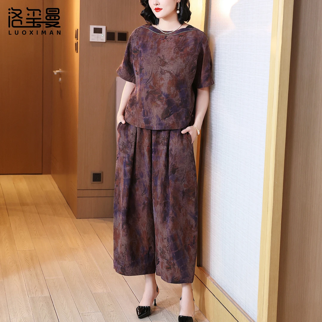 洛玺曼香云纱女士短袖套装夏季国风妈妈装桑蚕丝裤子上衣两件套