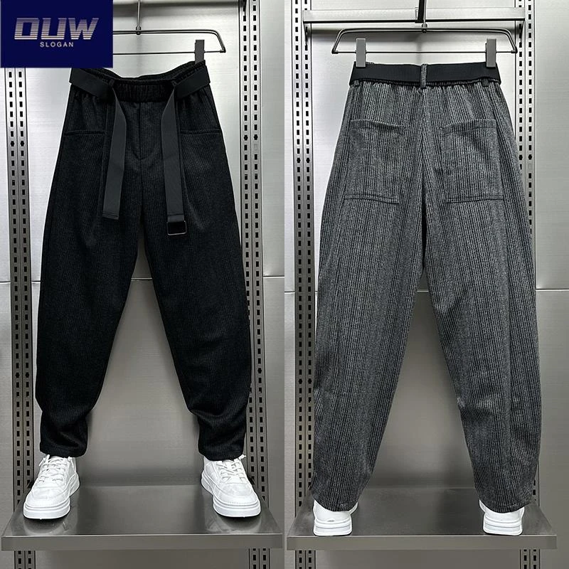 O.U.W2025秋季条纹哈伦裤美式复古毛呢西裤男士韩版痞帅老爹裤ins