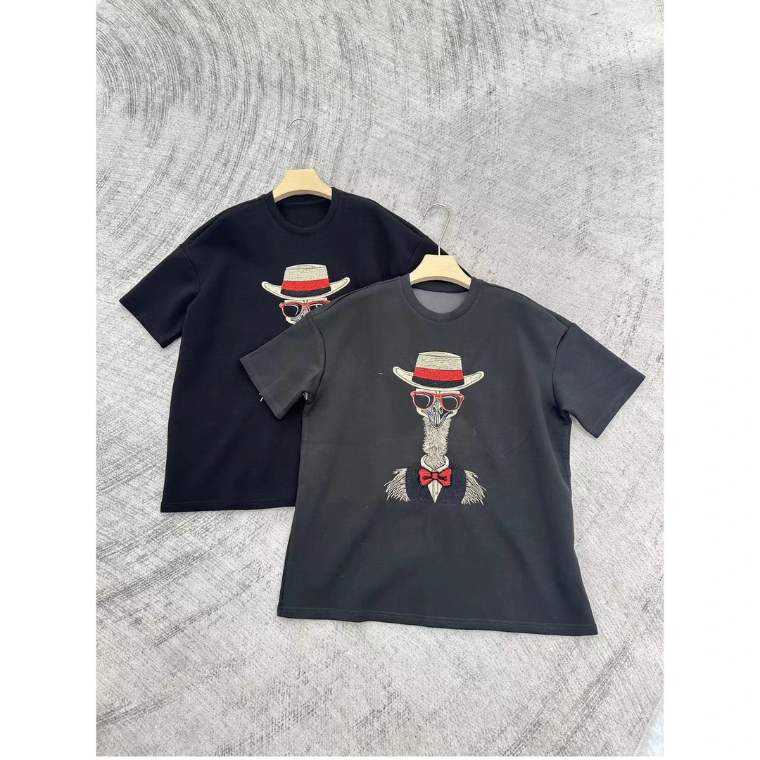 KIKI严选：T359-LD家欧货南油秋季新款刺绣鸵鸟图案短袖T恤