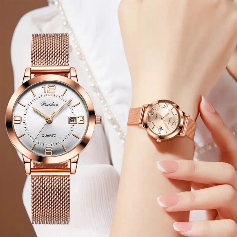 女士手表网红新款休闲时尚潮流日历网带防水石英表夜光腕表百搭