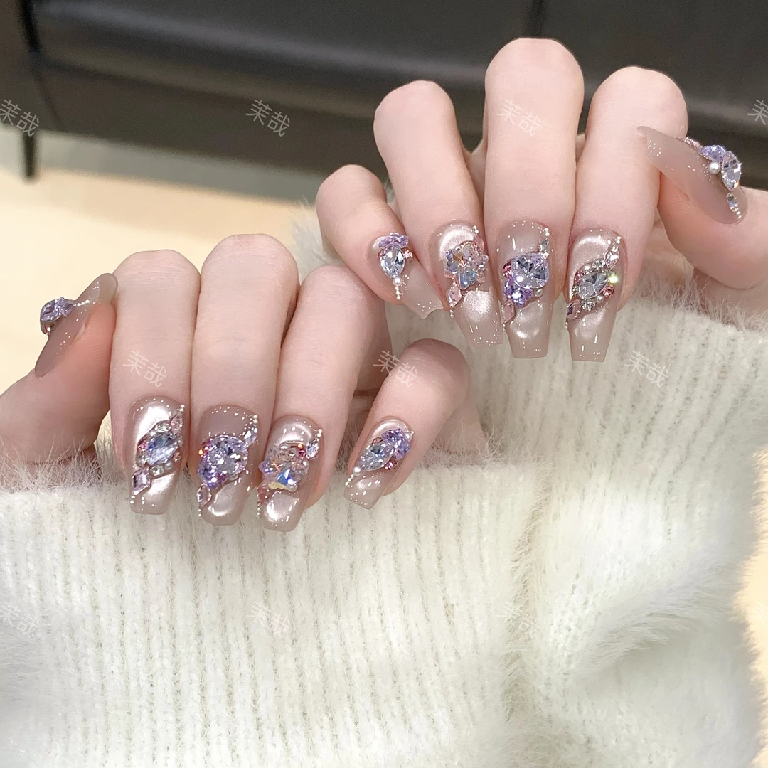 茉哉现货【幻梦星紫】纯手工定制美甲拆卸穿戴甲A3873