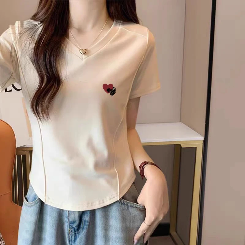 2025夏季新款V领纯棉短袖t恤女线条修身显瘦时尚洋气小众杏色上衣