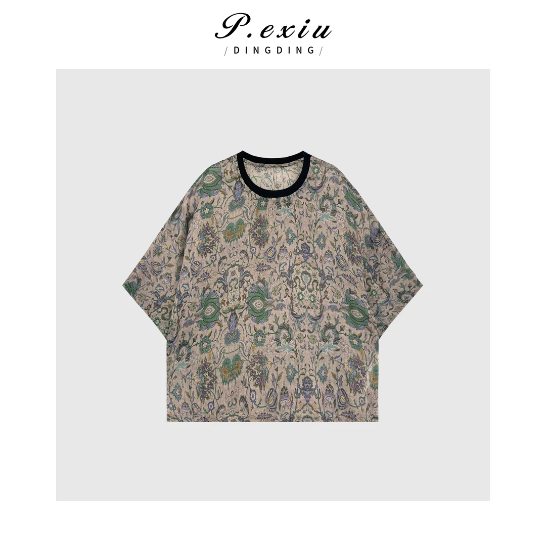 100%苎麻民族风文艺印花薄款短袖T恤 W-63157