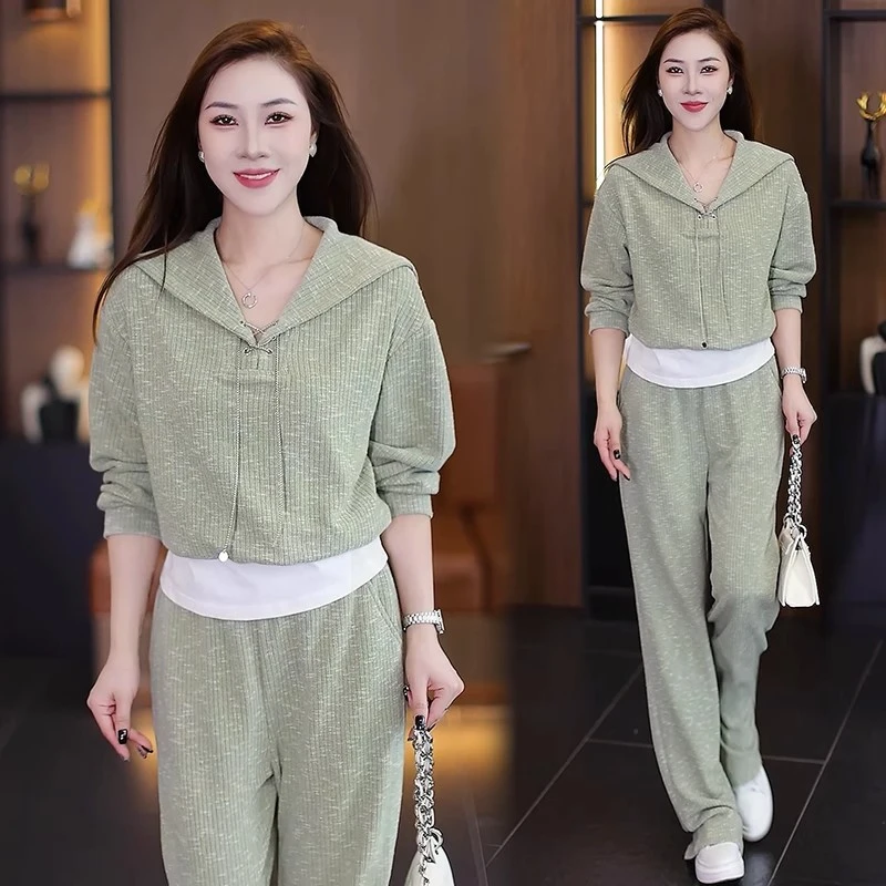 休闲运动套装女2025秋季新款洋气显瘦假两件连帽上衣阔腿裤两件套