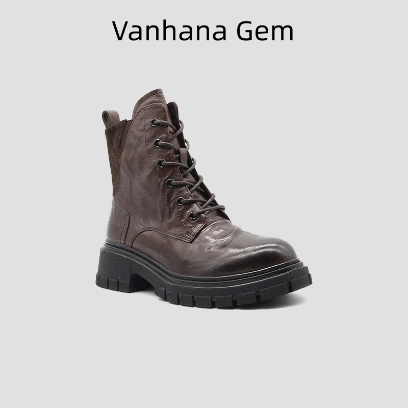 VANHANA GEM真皮街头风女靴短筒系带英伦圆头潮流马丁靴英伦风