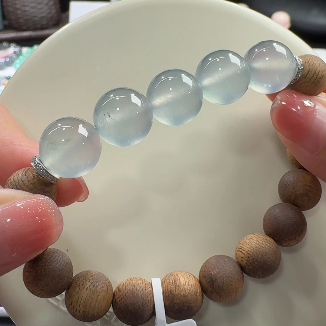 翡翠未镶嵌手链冰胶炸光！！玻璃晴蓝钢单珠卡12.3mm