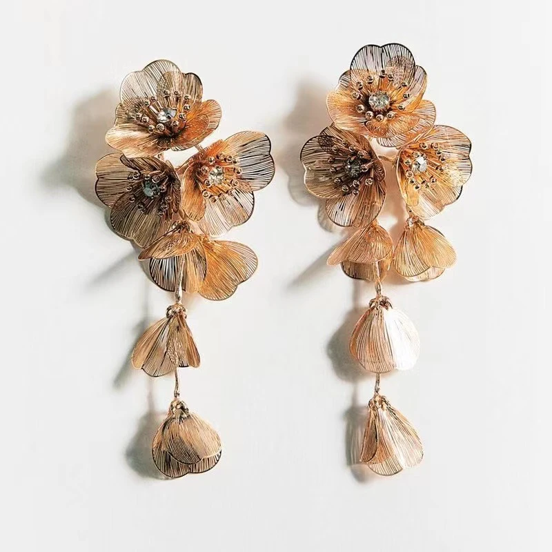 铜合金耳饰 【1025】欧美夸张渐变花朵流苏扫肩耳饰