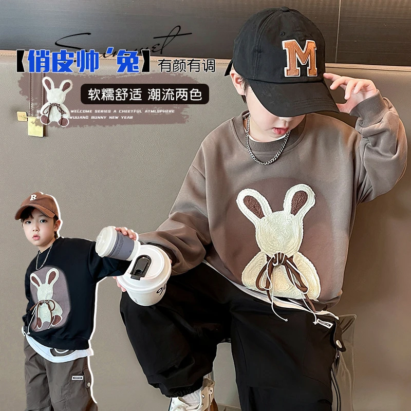 男童卫衣秋季新款胸前卡通兔子上衣中大童休闲宽松卡通兔子卫衣