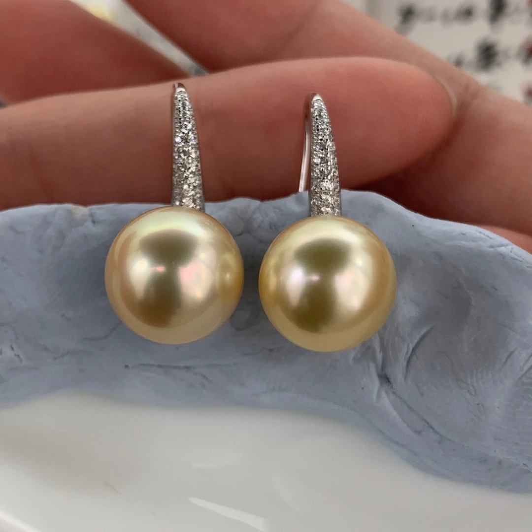 定制海水珍珠银S925镶嵌耳饰11-12mm浅金金珠两颗