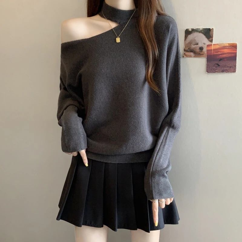 微胖大码女装设计感小众挂脖镂空针织衫女胖mm洋气遮肚打底衫毛衣