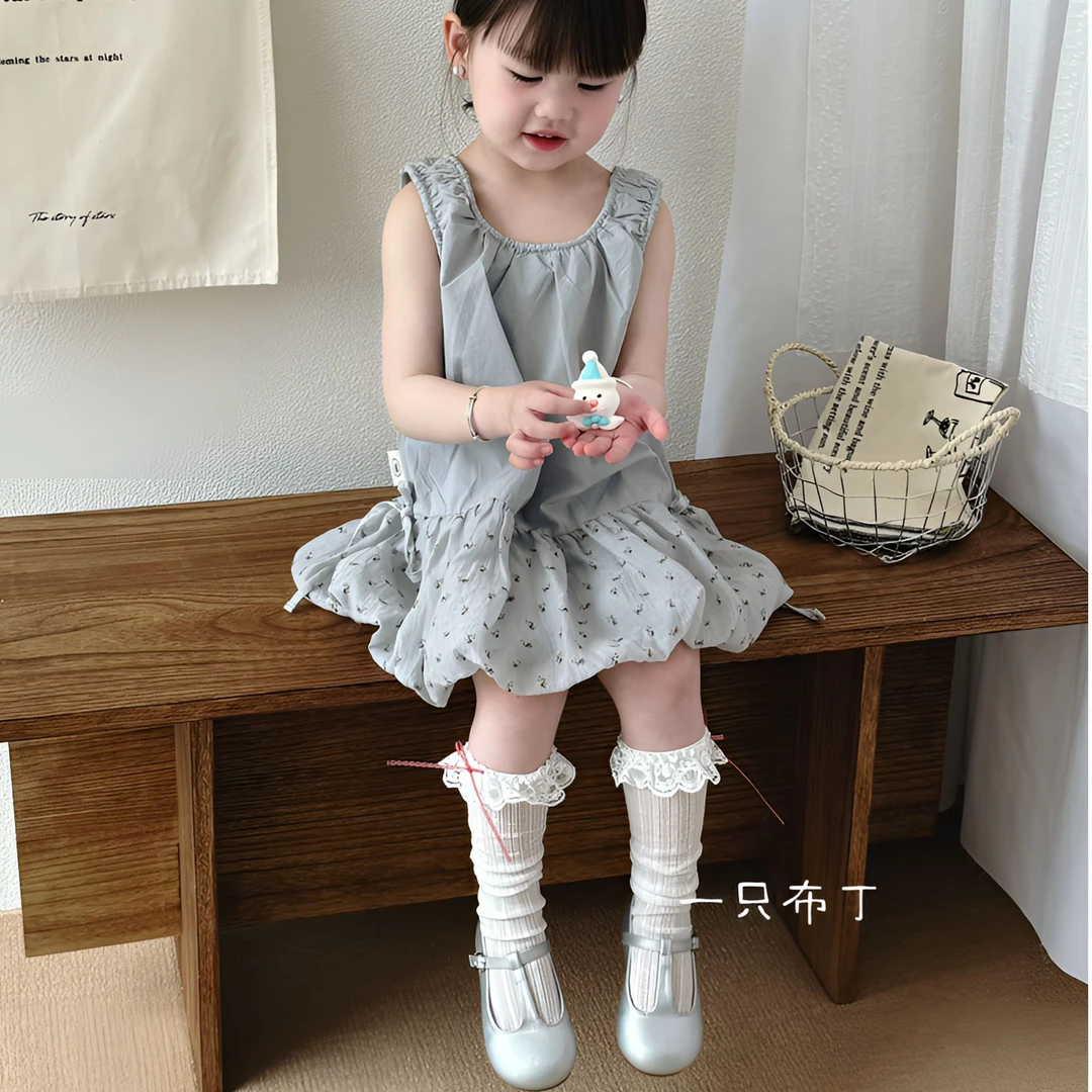 现货夏季新款女童中筒袜可爱简约木耳花边2双精梳棉无骨超薄筒袜