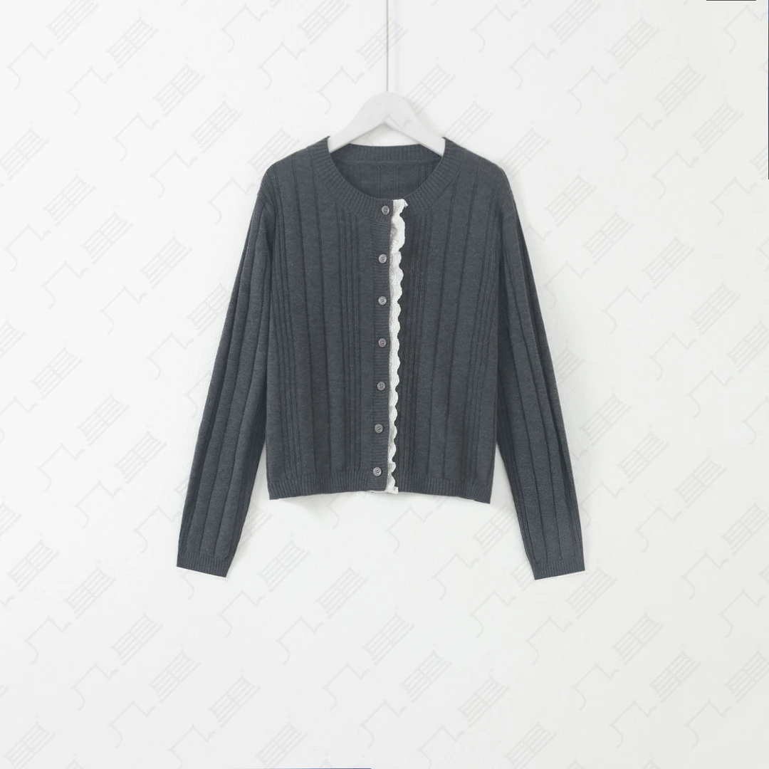 几里与麻 蕾丝拼接抽条毛织开衫 衣长50 胸围106 2062371