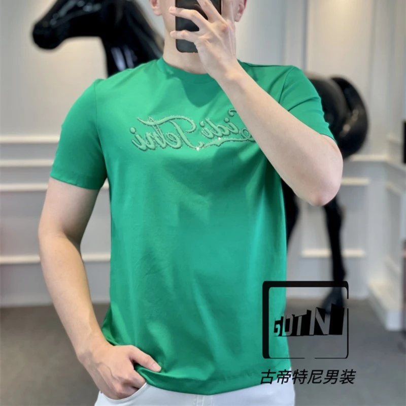 <古帝特尼>男士潮流高定欧货时尚百搭修身烫钻圆领短袖Z+5217