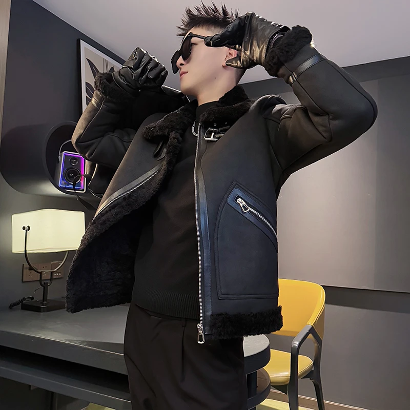 皮毛一体机车棉服男冬季2025新款羊羔绒棉衣男士外套加厚保暖棉袄