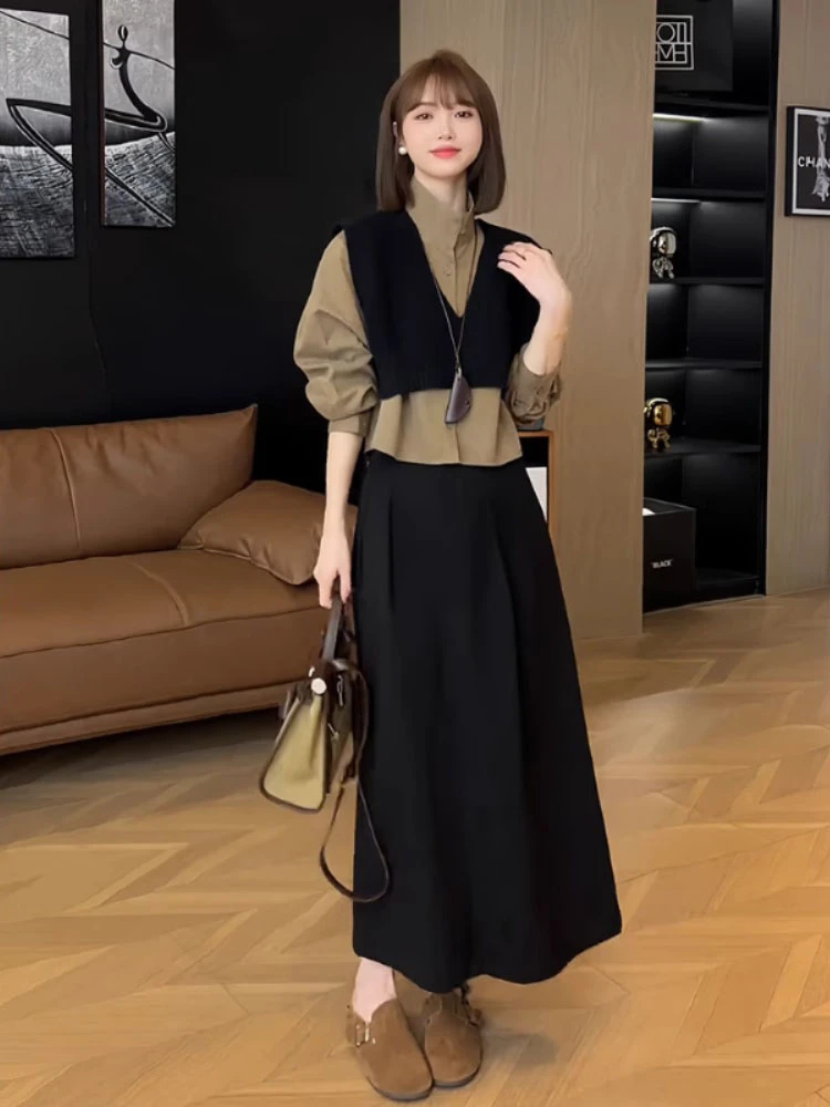 秋季穿搭一整套新款法式高级感气质叠穿针织马甲衬衫半身裙三件套