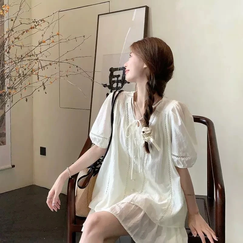 17958夏季新款温柔风简约洋气系带设计感短袖衬衫高腰半身裙套装