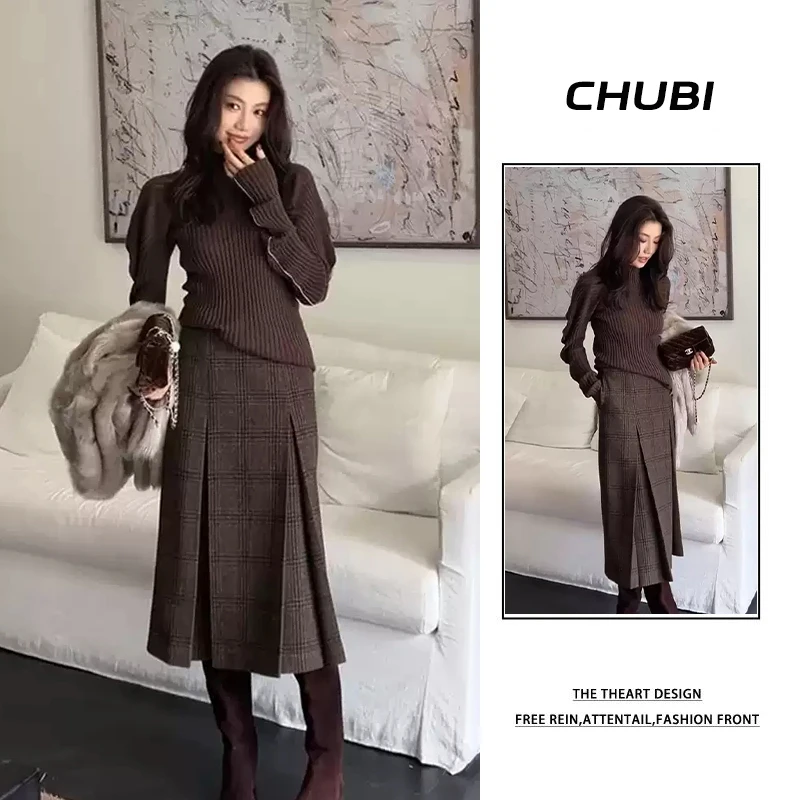 独特超好看冬季新款小香风美拉德复古针织衫毛衣格纹半身裙套装女