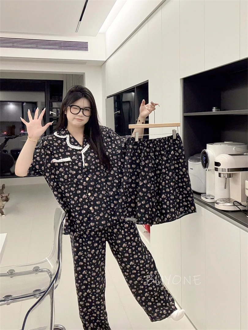 【墨黑碎花】大码睡衣女胖MM200斤三件套云朵棉夏日黑色碎花ins