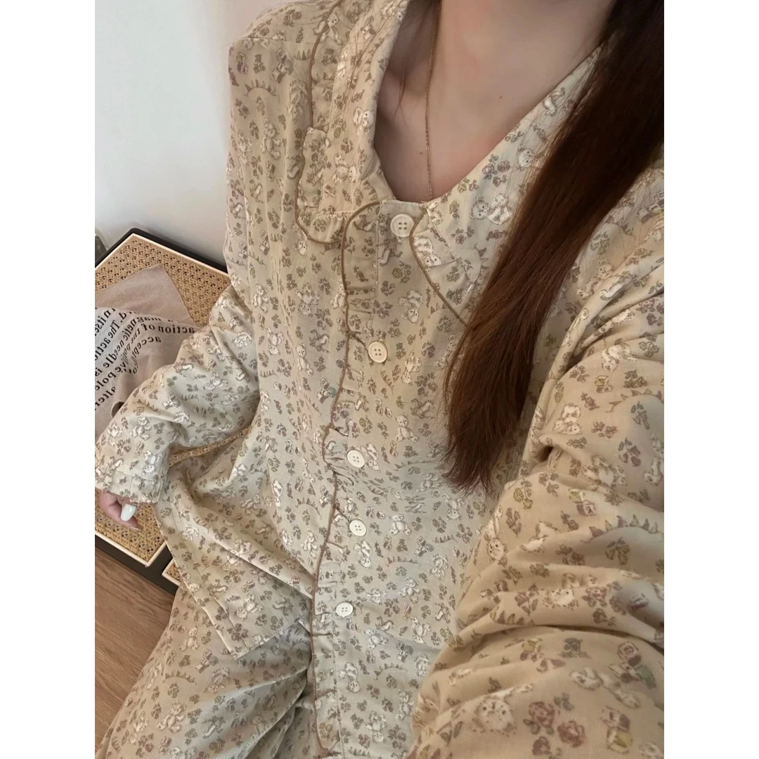 秋天甜美花边可爱小熊碎花云朵棉睡衣女秋季新长袖长裤套装家居服