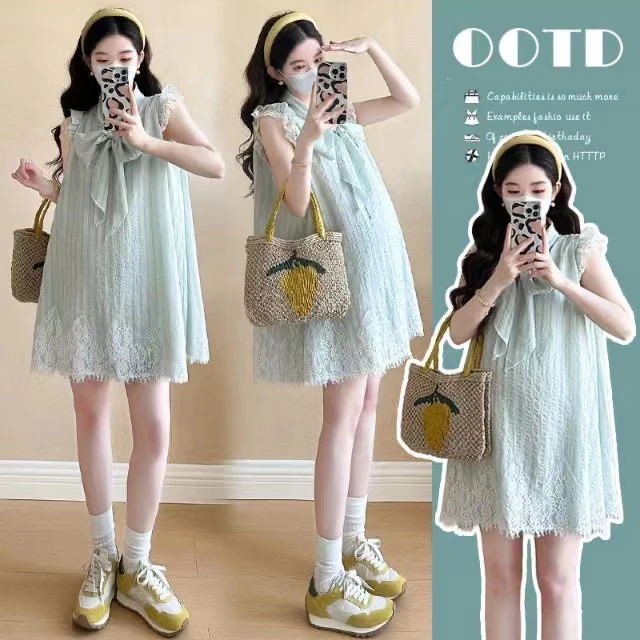 孕妇韩系条纹蝴蝶结系带蕾丝小飞袖连衣裙外穿