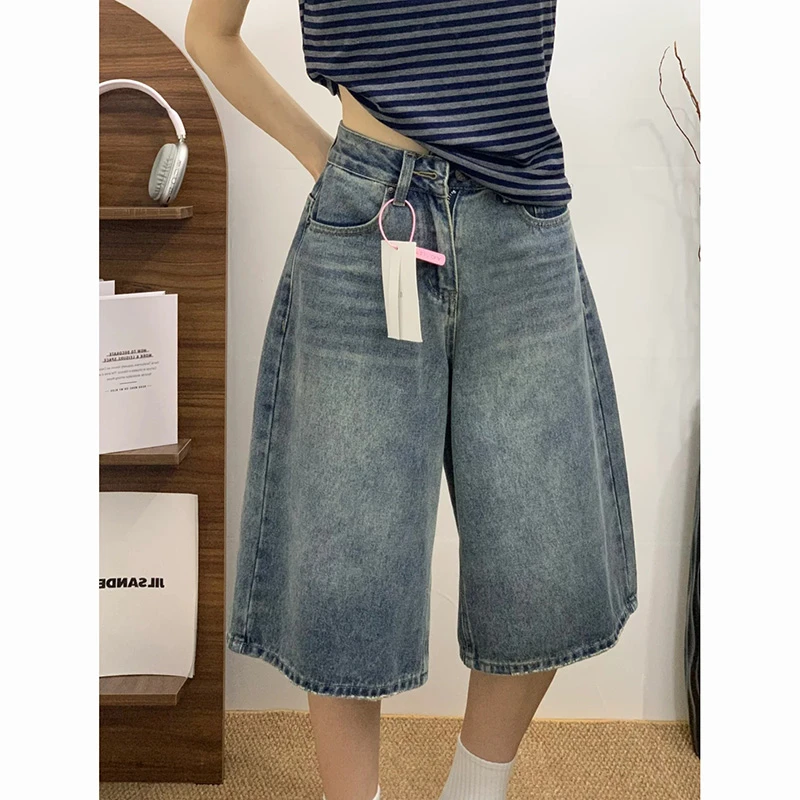 复古宽松七分牛仔裤女2025年夏季新款高腰显瘦通勤百搭阔腿中长裤