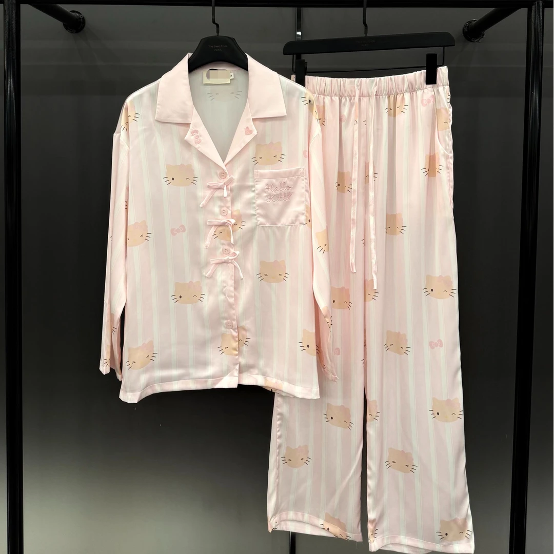 【黑皮粉色Kitty-长袖】秋款冰凉感短袖丝质居家服睡衣